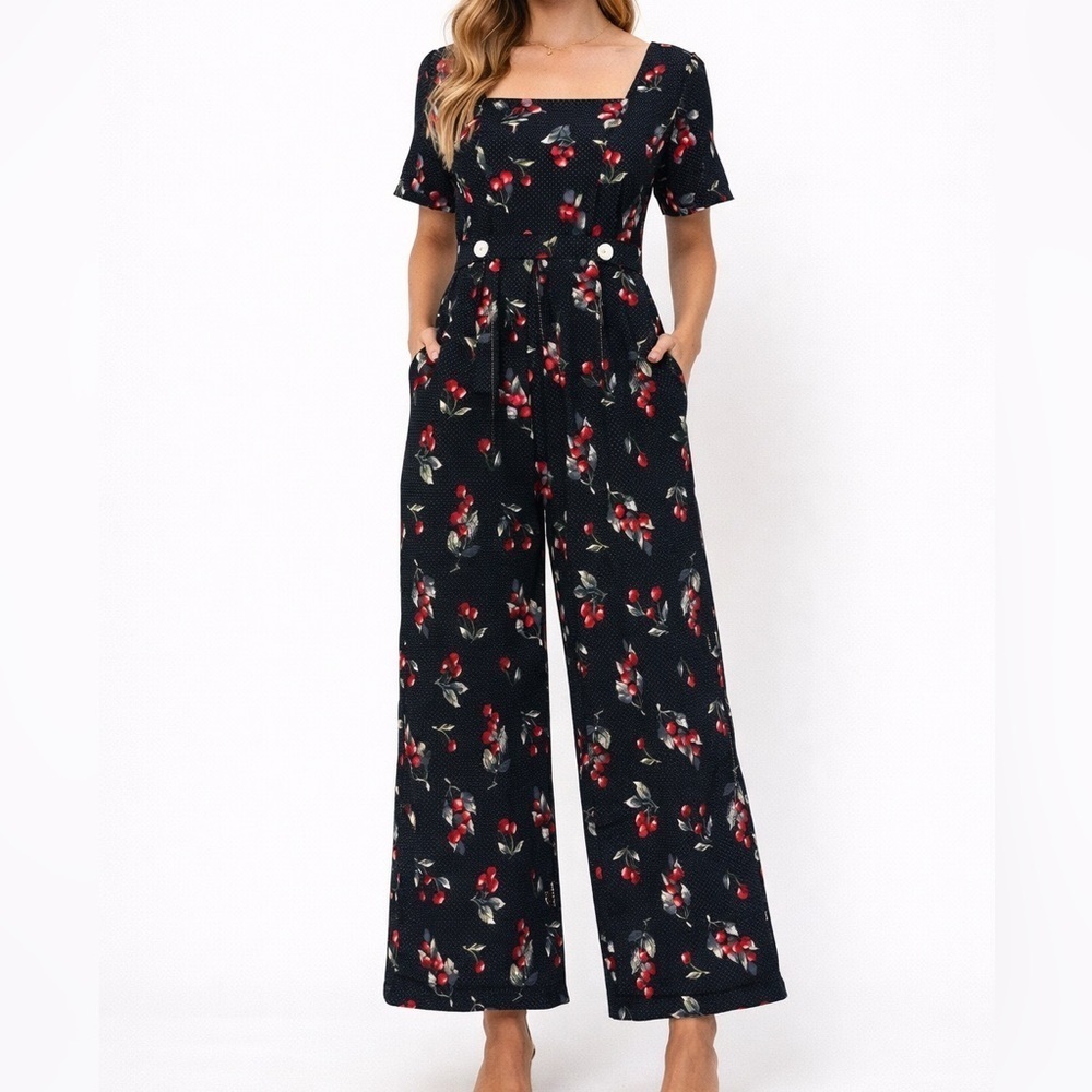 Vintage Express Cherry Print Wide Leg Jumpsuit Black Red Size 9/10